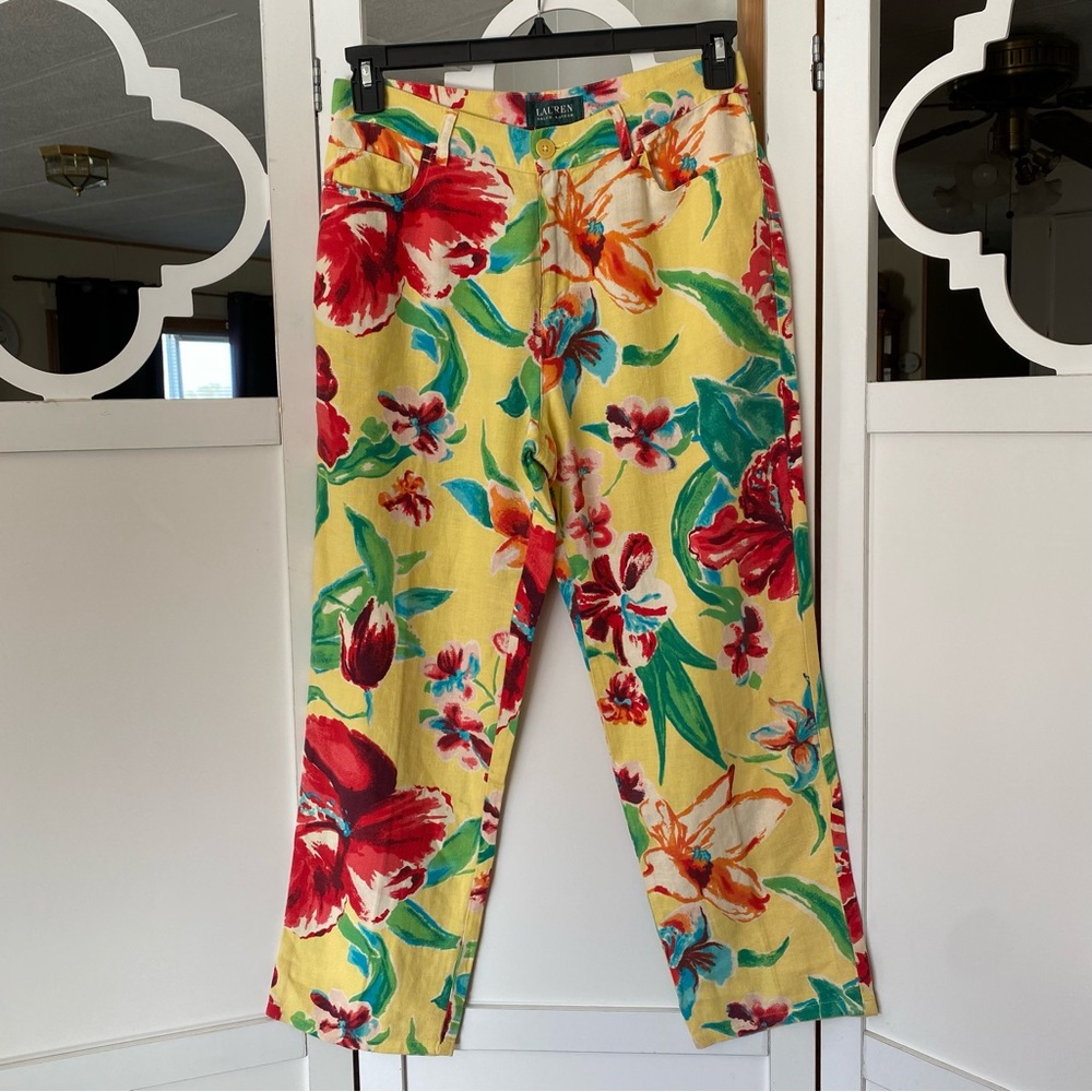 Lauren Ralph Lauren Crop Pants Floral Print 100% Linen Size 6